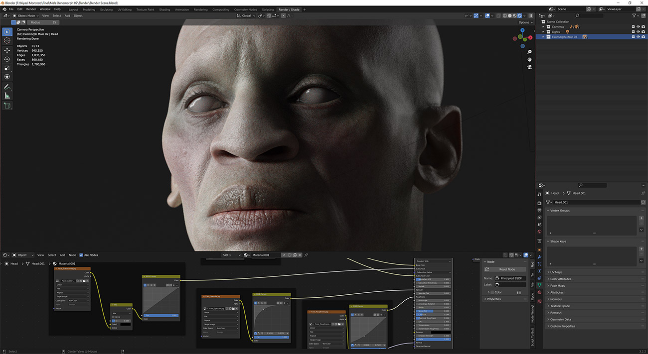 Blender 3d head model photorealistic skin shading